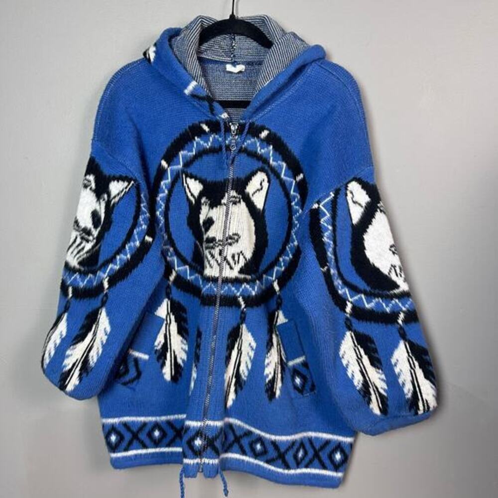 Yari Artesanias Sweater Jacket Large Wolf Nature wool‎ Ecuador Blue Hoodie VTG